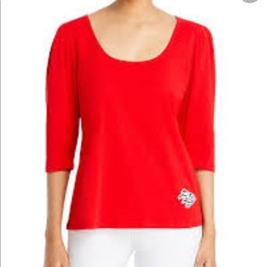 Karl Lagerfeld, square neck, 3/4 sleeve top with signature patch.  Size small